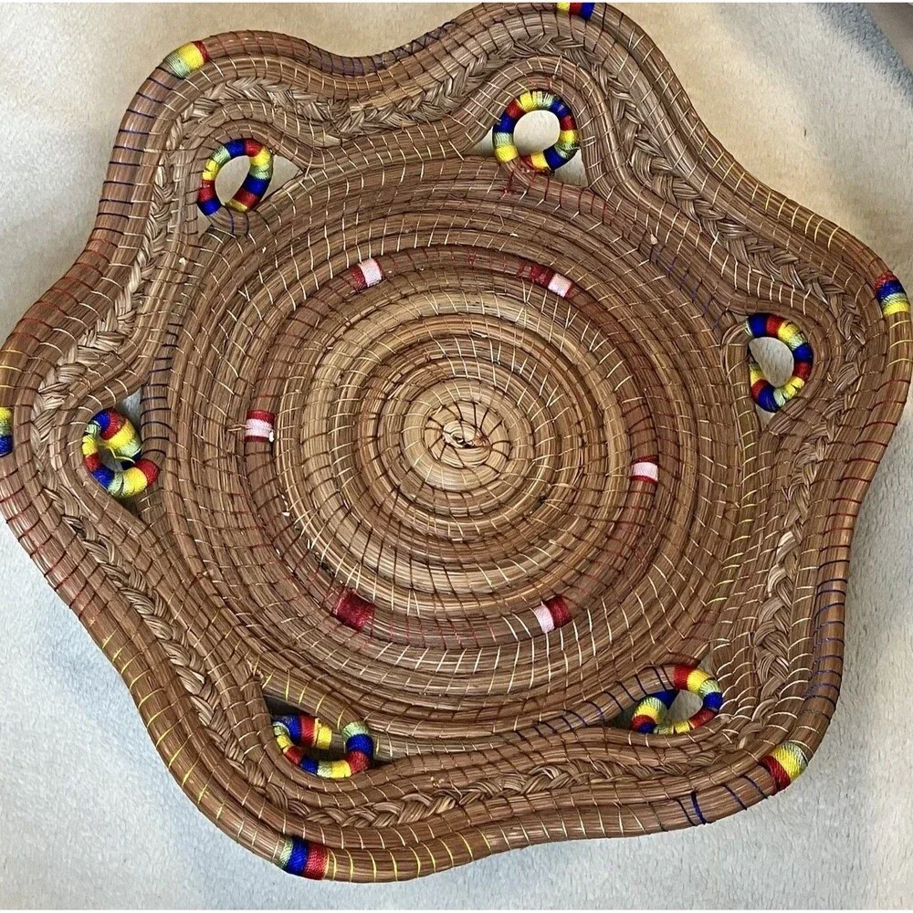 Hand Woven Multi-Colored Coiled Bowl Basket Rainbow Pride Cottage Core Kitchen